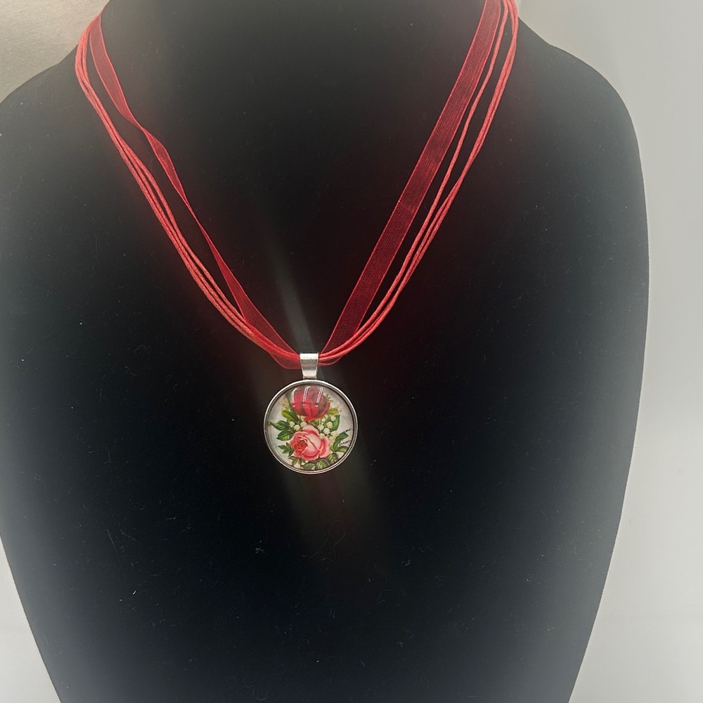 Red Rose Pendant Necklace on Layered Ribbon Cord